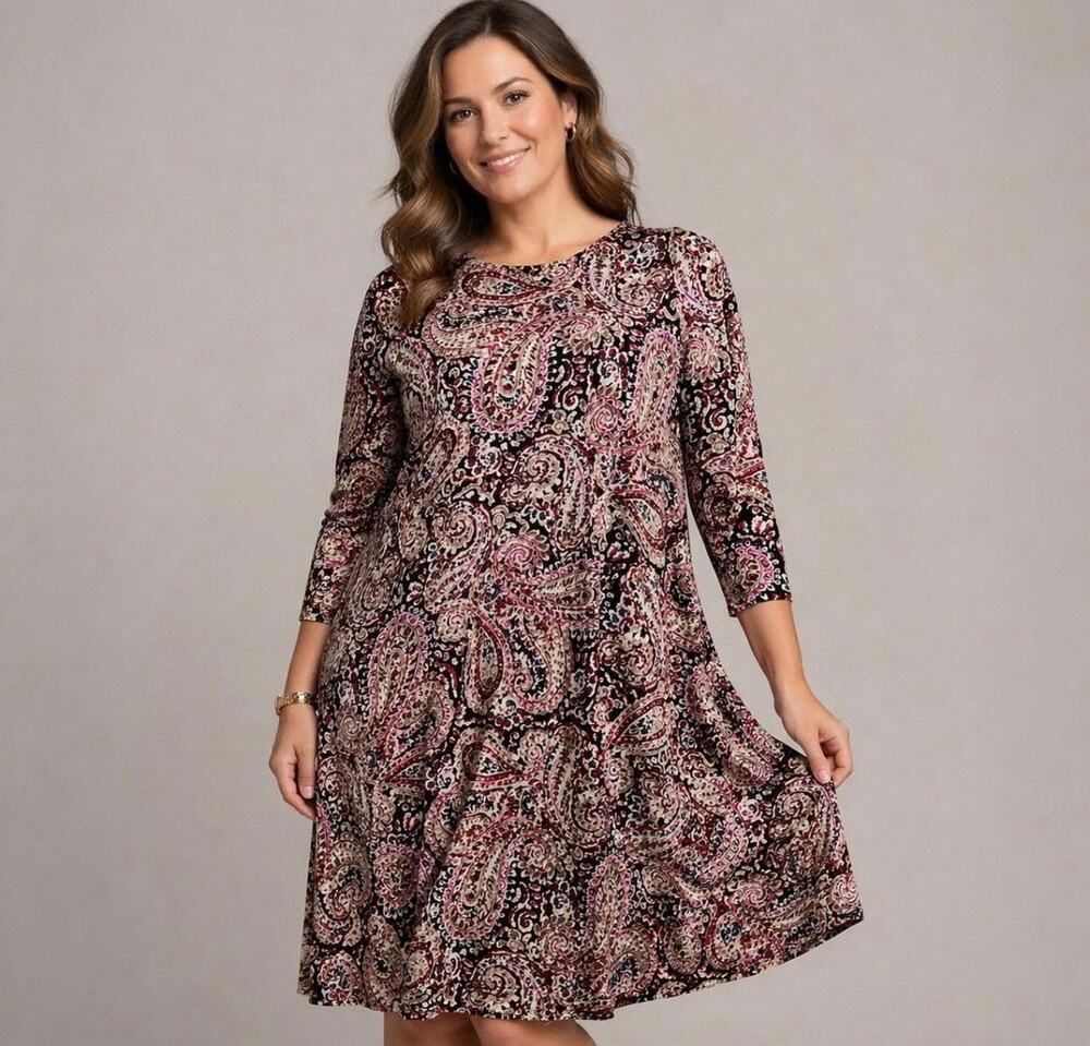 J. Jill Wearever Paisley Shift Dress Black Pink Knit 3/4 Sleeve Stretch Size M